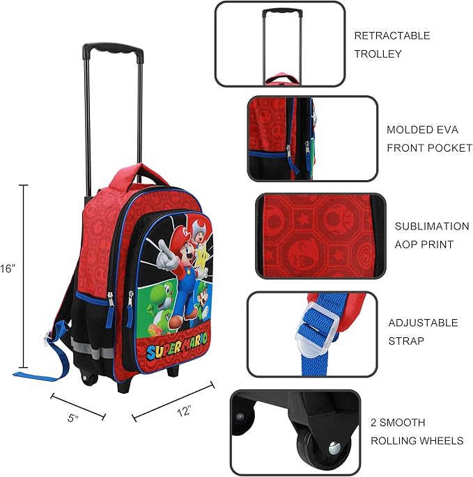 Super Mario Bros 16" Retractable Trolly Backpack with Rolling Wheels