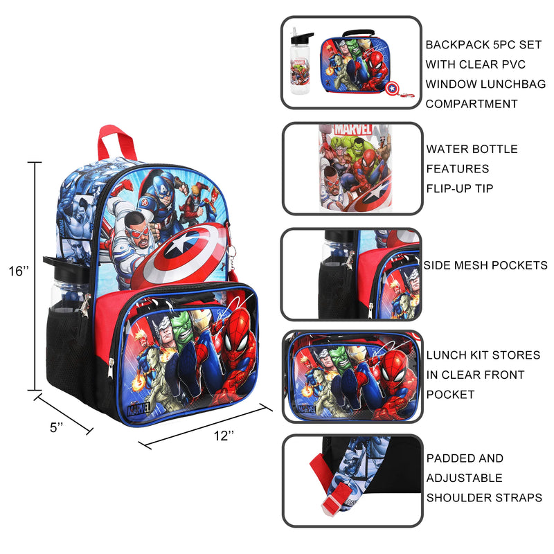 Marvel Avengers Kids 16 Backpack and Lunch Bag 5 Piece Set