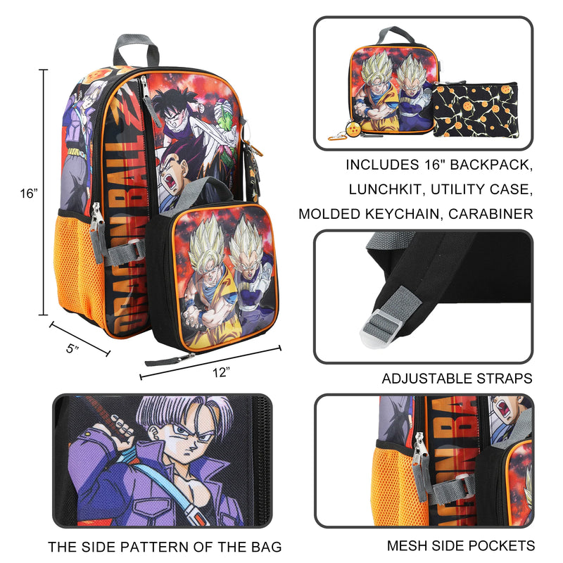 Dragon Ball Z Action Shot Kids 16" Backpack and Lunch Bag 5 Piece Set