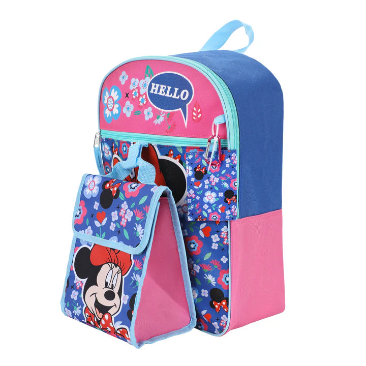 Minnie Mouse Floral Pattern Kids 16" Backpack and Lunch Bag 5 Piece Set