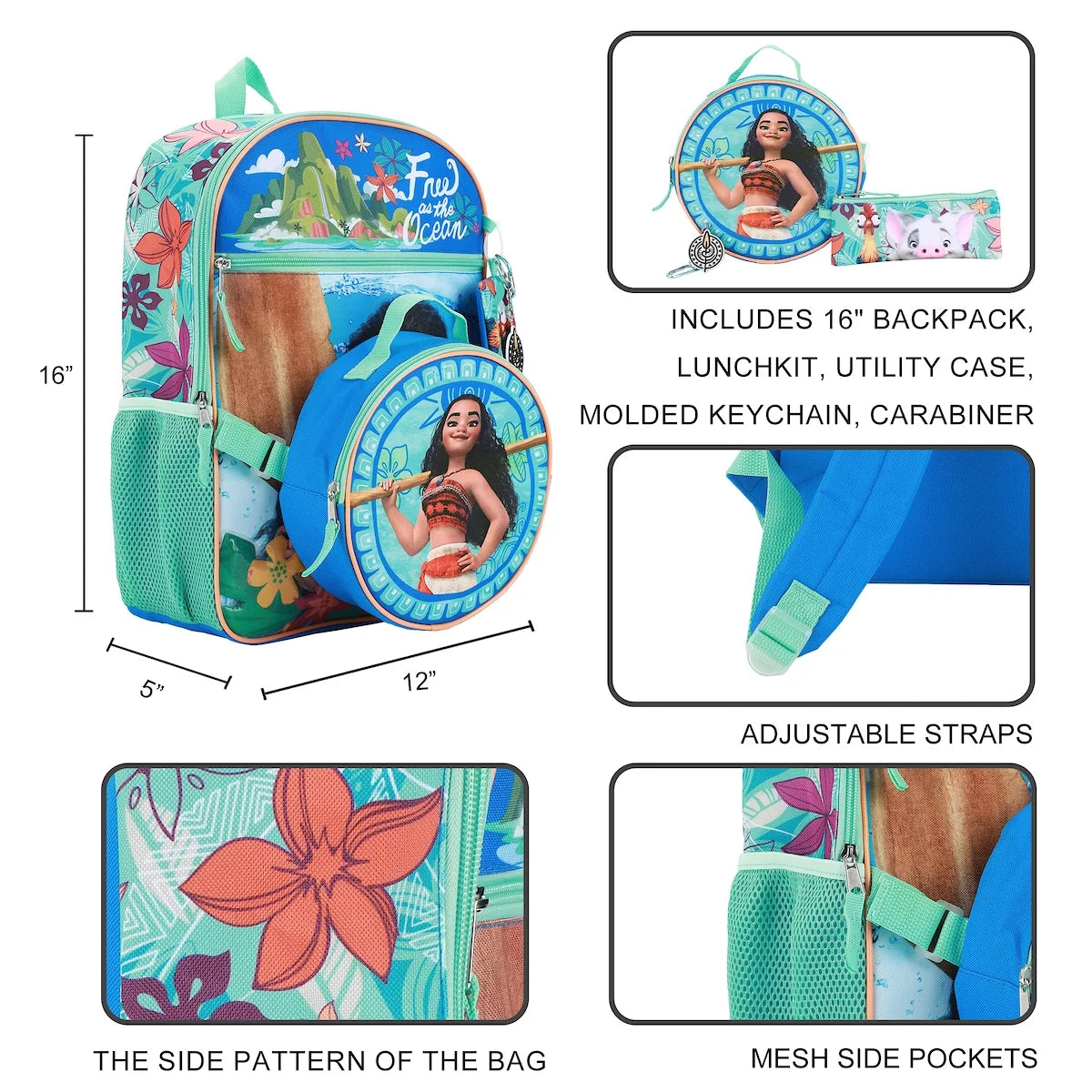 BIOWORLD Disney Princess Moana Free As The Ocean Kids 16 Backpack And Lunch Bag 5 Piece Set